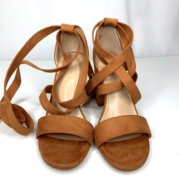 Womens High Heel Lace Up Strappy Suede Sandals Size 7 Brown Camel Block Heel - Picture 7 of 11